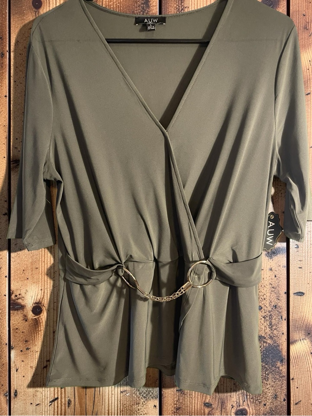 AUW Olive Wrap Blouse with Gold Chain Accent Size L